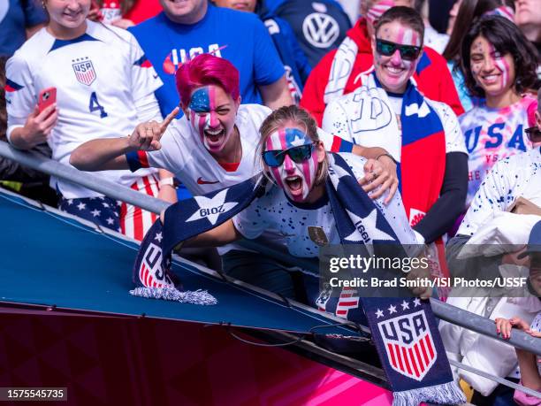 Fans cheer before a FIFA World Cup Group Stage game between Netherlands and USA at Wellington Regional Stadium on July 27, 2023 in Wellington, New...