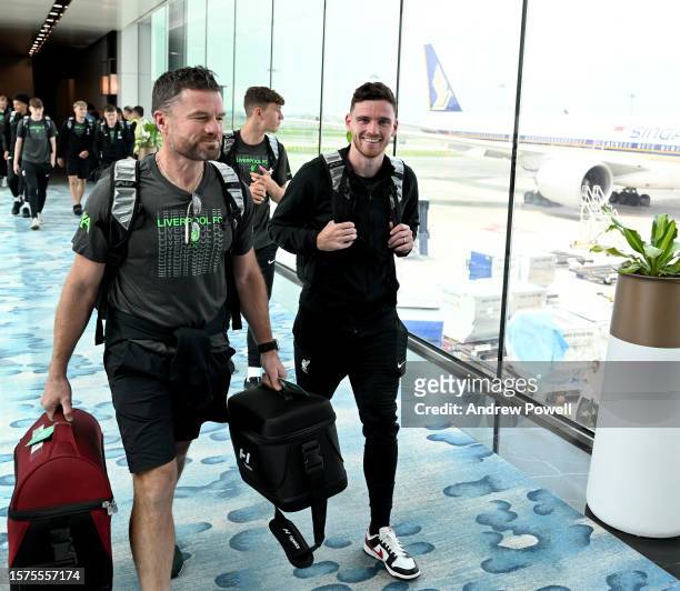 Andy Robertson of Liverpool arriving for pre season tour on July 27, 2023 in Changi, Singapore.