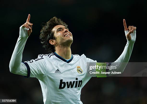 Kaka of Real Madrid celebrates scoring during the UEFA Champions League Group D match between Real Madrid CF and Ajax Amsterdam at the Estadio...