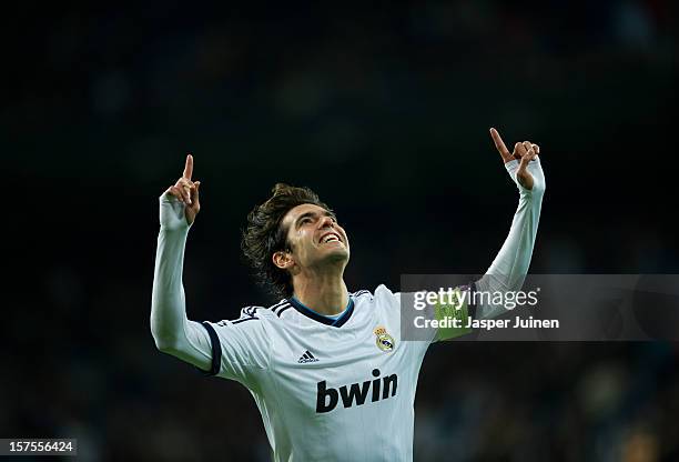 Kaka of Real Madrid celebrates scoring during the UEFA Champions League Group D match between Real Madrid CF and Ajax Amsterdam at the Estadio...