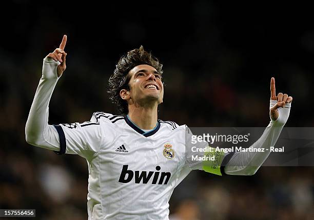Kaka of Real Madrid celebrates after scoring Real's third goal during the UEFA Champions League Group D match between Real Madrid and Ajax Amsterdam...
