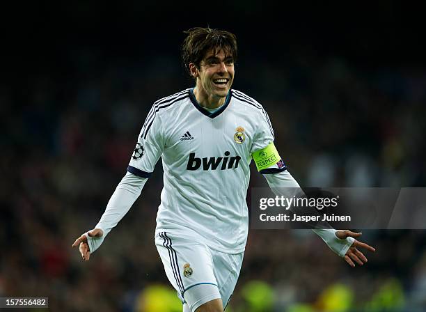 Kaka of Real Madrid celebrates scoring during the UEFA Champions League Group D match between Real Madrid CF and Ajax Amsterdam at the Estadio...