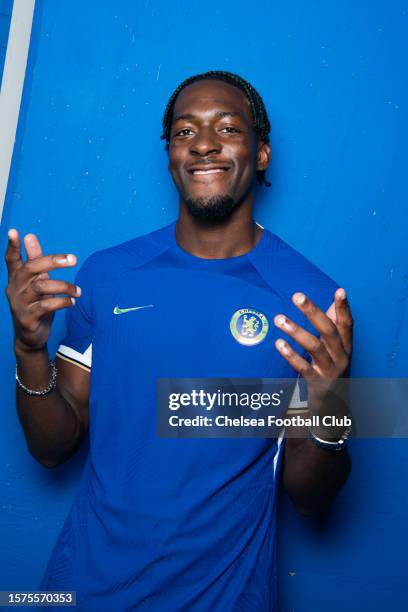 Chelsea unveil new signing Axel Disasi at Stamford Bridge on August 4, 2023 in London, England.