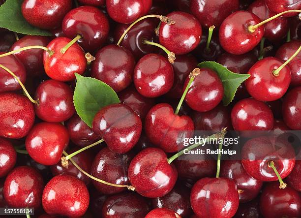 cherries sweet with stem and leafs - sweet food stock pictures, royalty-free photos & images