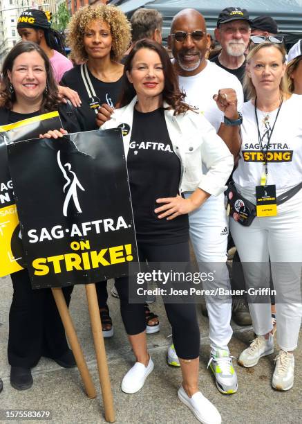 Michelle Hurd, Rebecca Damon, SAG-AFTRA President Fran Drescher, Ezra Knight and Samantha Mathis are seen at the SAG-AFTRA picket line in Downtown,...