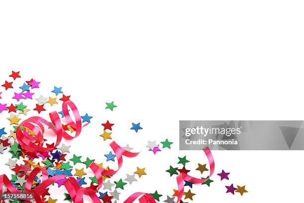stars and streamers party decoration xxxl on white  - party poppers stock pictures, royalty-free photos & images