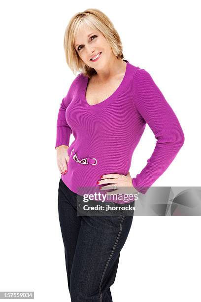 attractive casual mature woman - magenta stockfoto's en -beelden