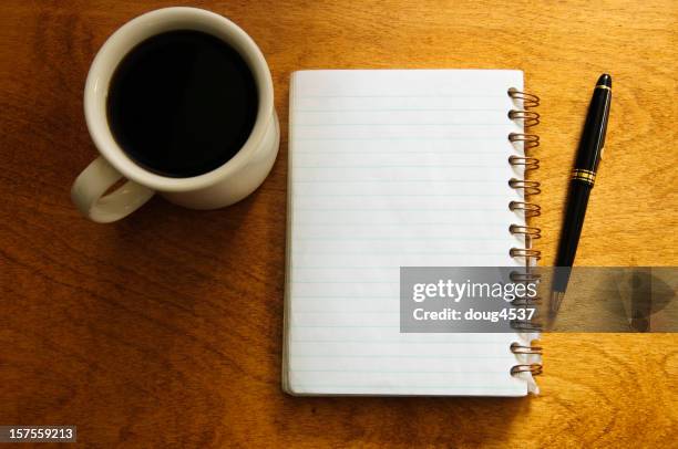 coffee, notepad and pen - spiral notebook stock pictures, royalty-free photos & images