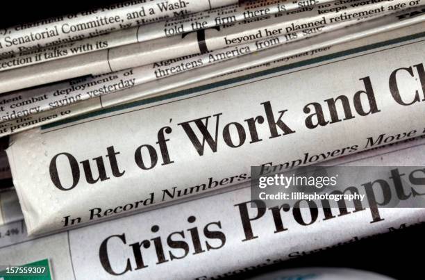 unemployment newspaper headlines - recession headlines stock pictures, royalty-free photos & images