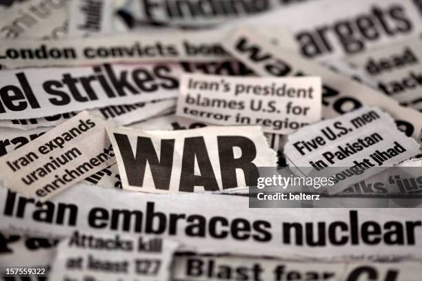 newspaper cut outs with war related themes - newspaper headline stock pictures, royalty-free photos & images