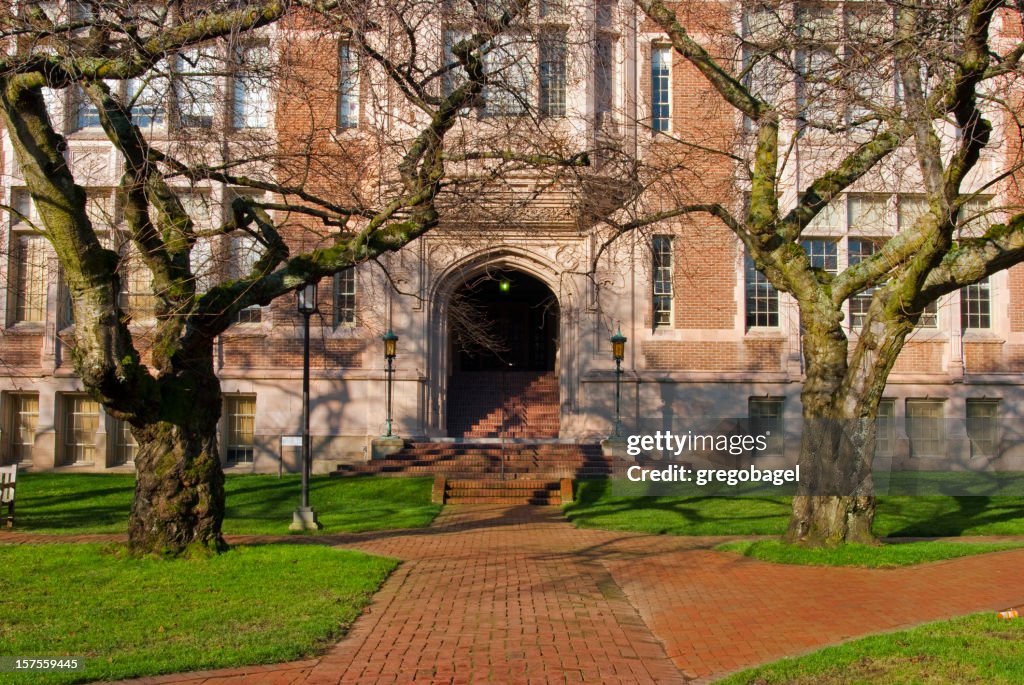 Red brick walkway in front of university educational building