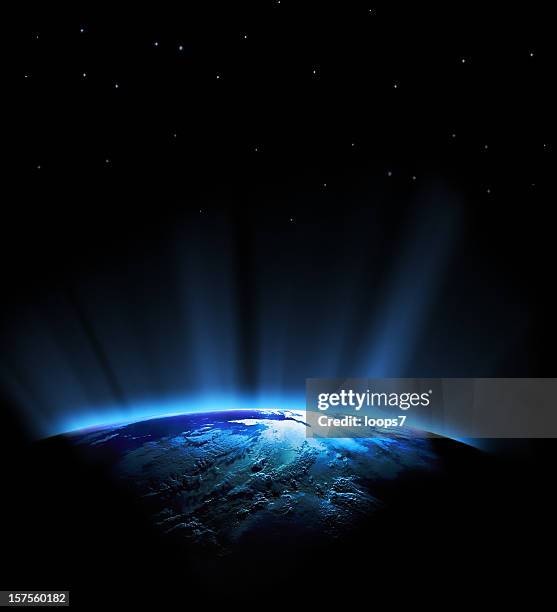 earth and blue rays - planet space stock pictures, royalty-free photos & images