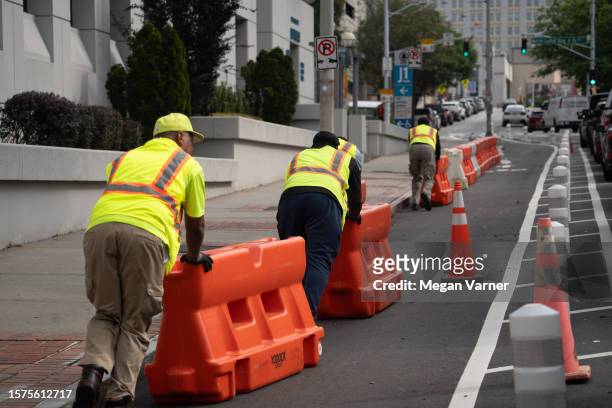 Barricades are being installed around Fulton County Courthouse on August 4, 2023 in Atlanta, Georgia. Former U.S. President Donald Trump is currently...