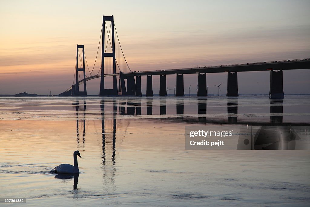 A beautiful bridge at sunset with a swan in the water