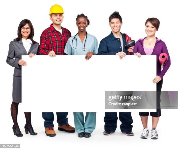 employment &amp; jobs: group portrait with blank sign (isolated; xxxl) - group health workers white background stock pictures, royalty-free photos & images