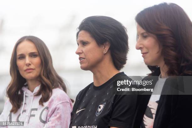 Actress Natalie Portman, from left, Julie Uhrman, co-founder of the Angel City Football Club, and Kara Nortman, co-founder of Angel City Football...