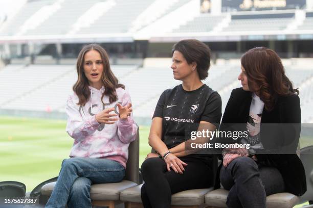 Actress Natalie Portman, from left, Julie Uhrman, co-founder of the Angel City Football Club, and Kara Nortman, co-founder of Angel City Football...