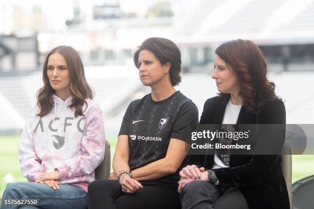 Actress Natalie Portman, from left, Julie Uhrman, co-founder of the Angel City Football Club, and Kara Nortman, co-founder of Angel City Football...