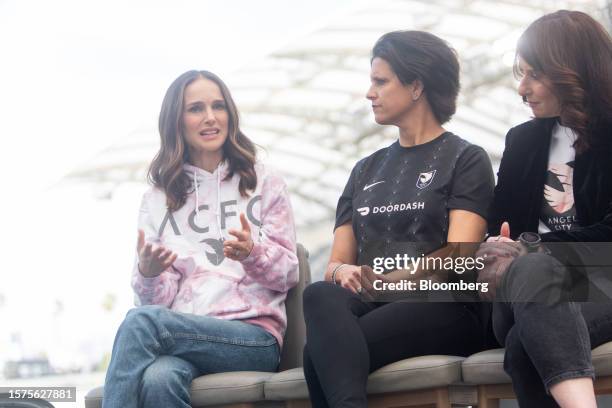Actress Natalie Portman, from left, Julie Uhrman, co-founder of the Angel City Football Club, and Kara Nortman, co-founder of Angel City Football...
