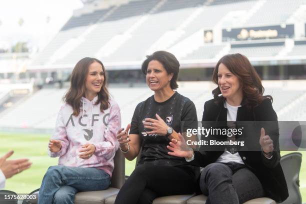 Actress Natalie Portman, from left, Julie Uhrman, co-founder of the Angel City Football Club, and Kara Nortman, co-founder of Angel City Football...