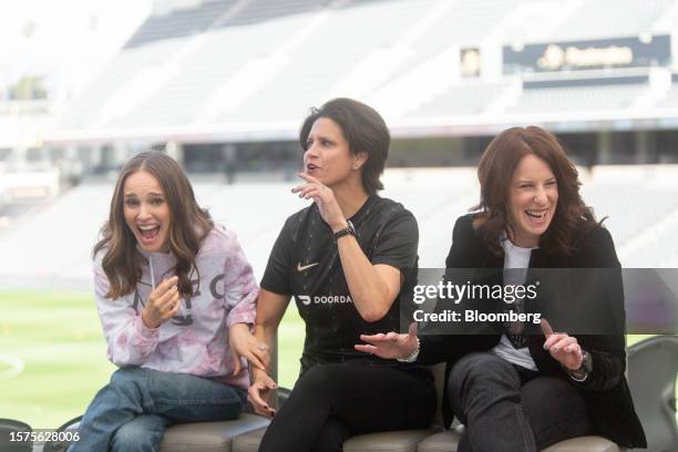 Actress Natalie Portman, from left, Julie Uhrman, co-founder of the Angel City Football Club, and Kara Nortman, co-founder of Angel City Football...