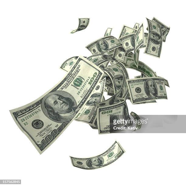 falling 100 dollar bills in various angles - raining money stockfoto's en -beelden