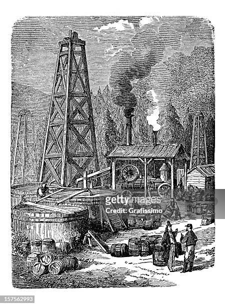 engraving of oil rig in united states 1882 - working oil pumps stock illustrations