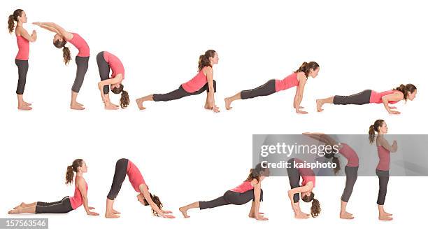 step-by-step illustration of the sun salutation yoga pose - evolution woman stockfoto's en -beelden