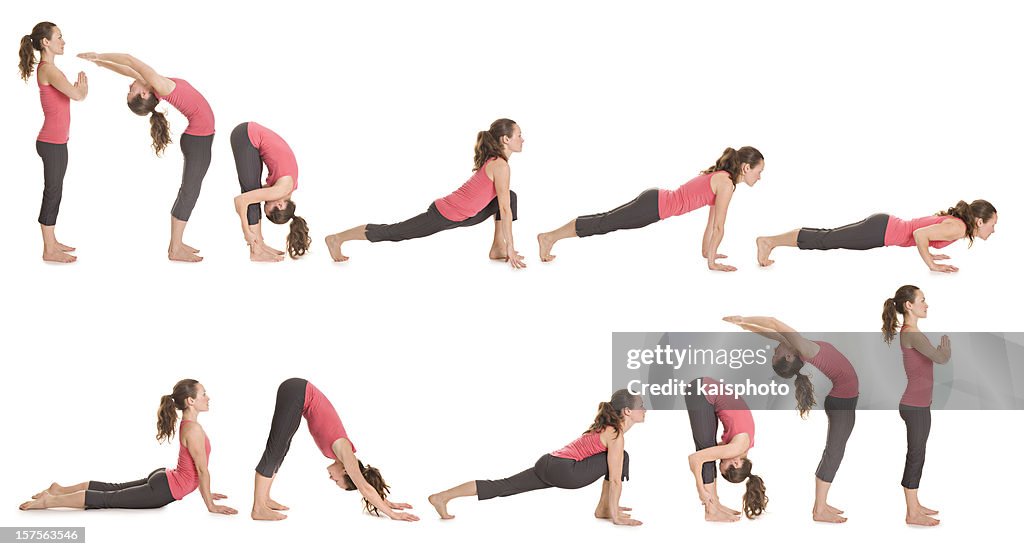 Step-by-step illustration of the sun salutation yoga pose