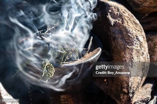 juniper wood while burning. nepal people used it for the ritual purification of temples. the ancients believed the smoke aided clairvoyance. - incineration plant stock pictures, royalty-free photos & images