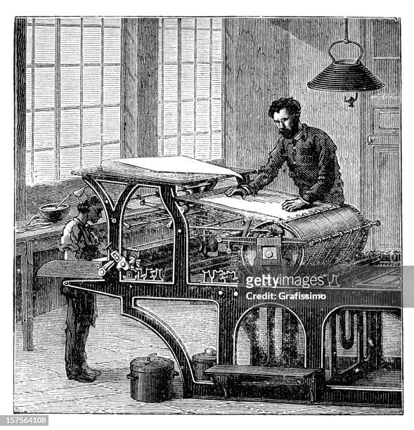 engraving man and child working at printing press 1882 - printing press 幅插畫檔、美工圖案、卡通及圖標