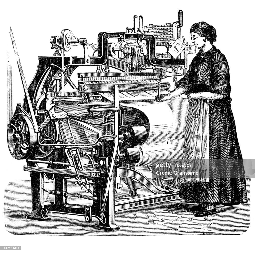 Engraving woman weaving cloth on power loom 1882
