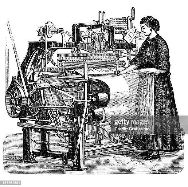 engraving woman weaving cloth on power loom 1882 - textile machine stock illustrations