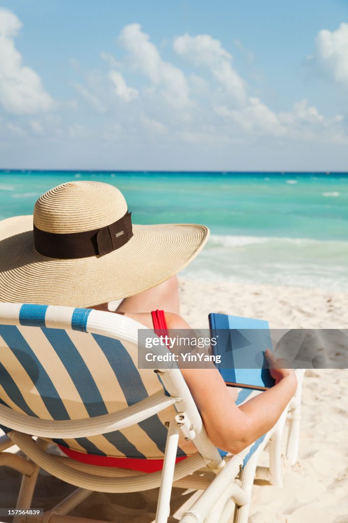 Woman Reading Book on Summer Beach Vacation, Relaxing in Mexico