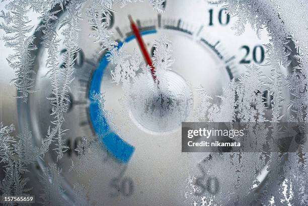 thermometer behind the frozen window - celsius stock pictures, royalty-free photos & images