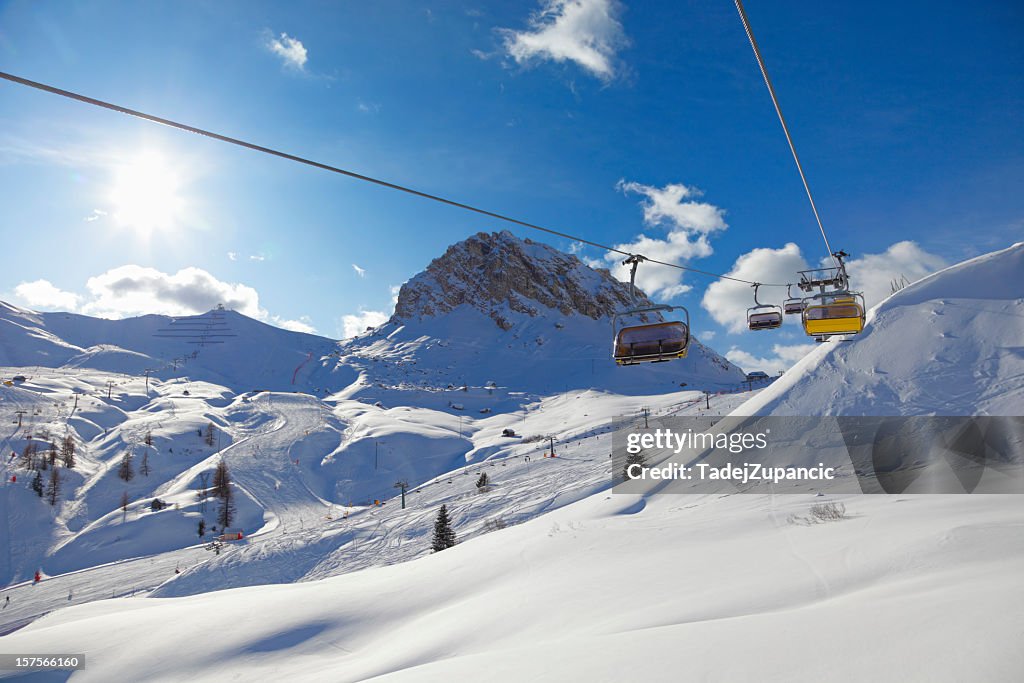 A landscape of ski slopes during the day