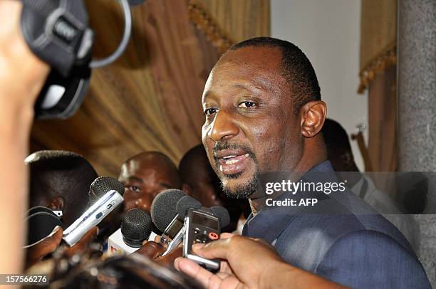 Malian Prime Minister Tieman Coulibaly, speaks with journalists after a mediation meeting with members of the Malian government, the islamist Ansar...