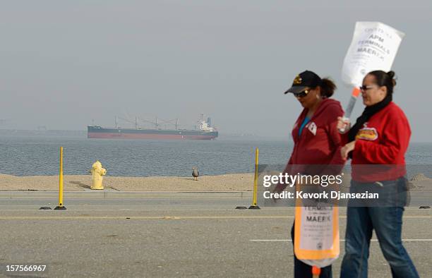 An empty container ship is anchored at the entrance to the harbor as members of the International Longshore and Warehouse Union strike, putting a...