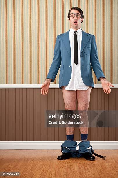 nerdy businessman caught with his pants down - trousers down stock pictures, royalty-free photos & images