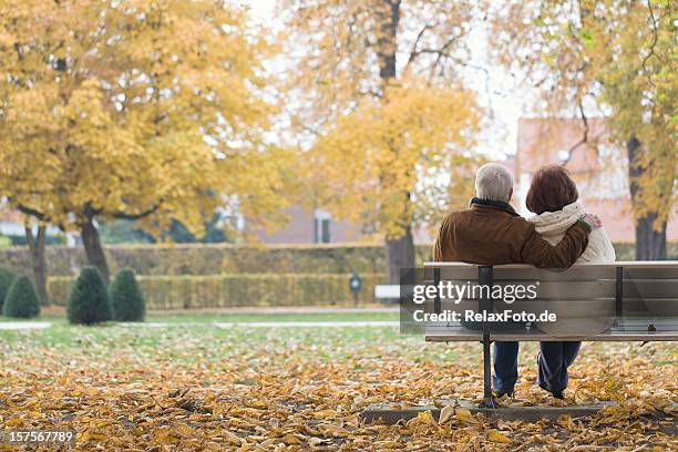 rear view of senior couple on park bench in autumn - zitbank stockfoto's en -beelden