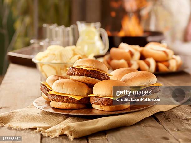 queijo bbq hambúrgueres e hot dogs - burger on grill imagens e fotografias de stock