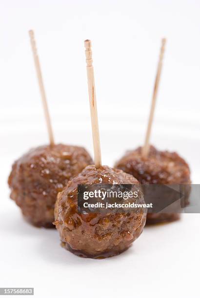 three meatballs on toothpicks - meatballs stock pictures, royalty-free photos & images