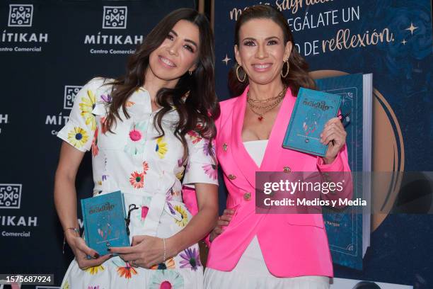 Tamara Vargas and Ingrid Coronado pose for a photo during the press conference launch book 'Pregúntale al Oráculo' at Mitikah, on July 27, 2023 in...