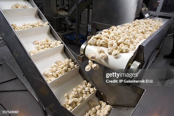 conveyor belt dispensing tortellini  - manufacturing machinery stock pictures, royalty-free photos & images