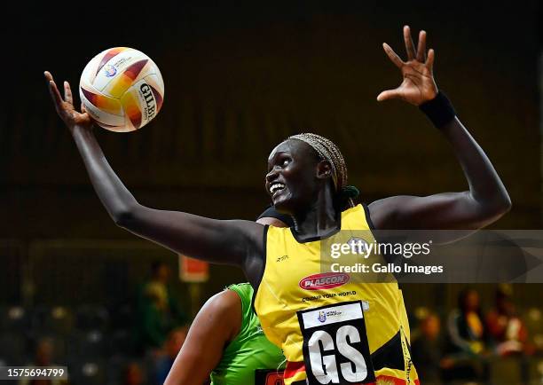 Mary Cholhok of Uganda in action during the Netball World Cup 2023, Playoff 1 match between Malawi and Uganda at Cape Town International Convention...