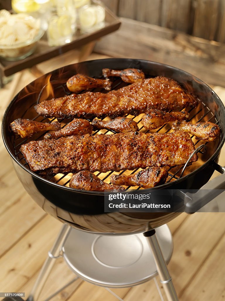 Ribs and Chicken on a Charcoal BBQ