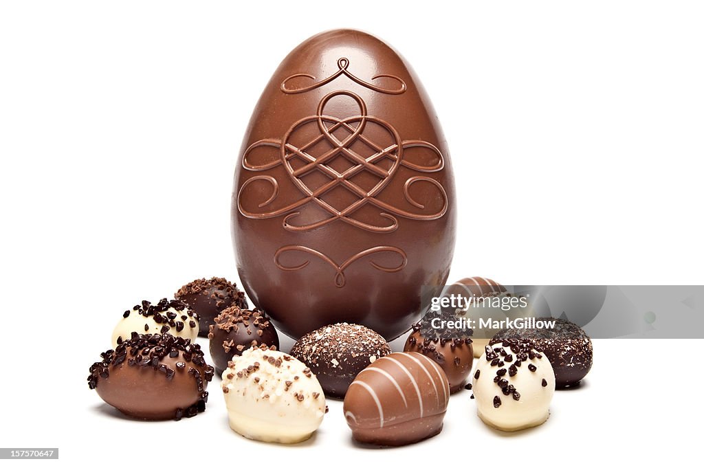 One large chocolate egg surrounded by little chocolate eggs