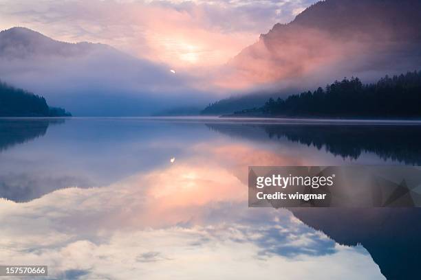 lake plansee - mountain reflection stock pictures, royalty-free photos & images