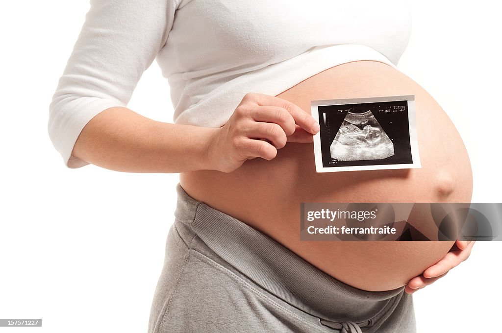 Pregnant Woman with Bare Belly showing ultrasound