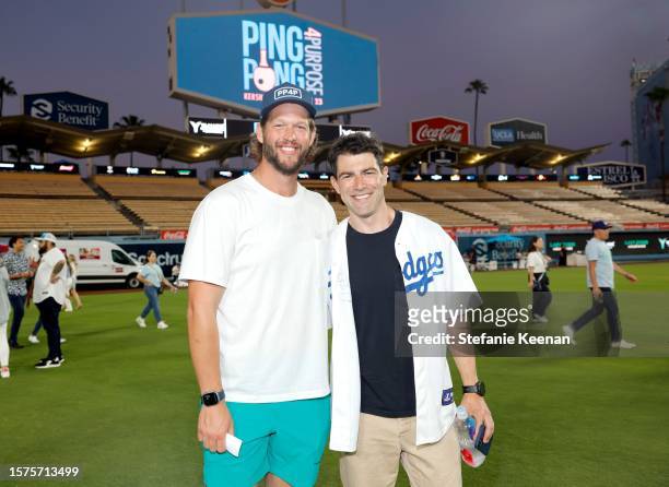 Clayton Kershaw and Max Greenfield attend Ping Pong 4 Purpose 2023 presented by Skechers and UCLA Health at Dodger Stadium on July 27, 2023 in Los...